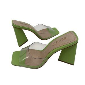 Schutz Size 5.5B Lizah Vinyl Lime Green Sandal Mule Leather Clear Upper Strap